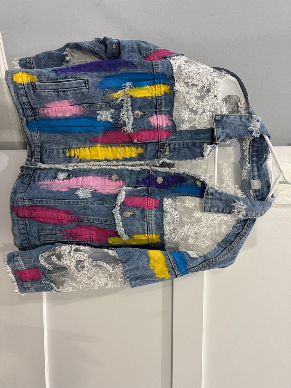 Color-Block Lace Denim Jacket - Multicolor